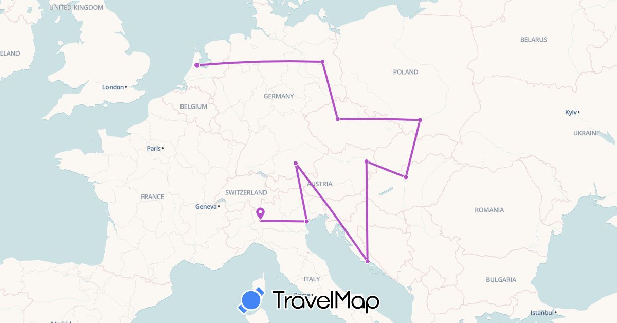 TravelMap itinerary: driving, train in Austria, Czech Republic, Germany, Croatia, Hungary, Italy, Netherlands, Poland (Europe)